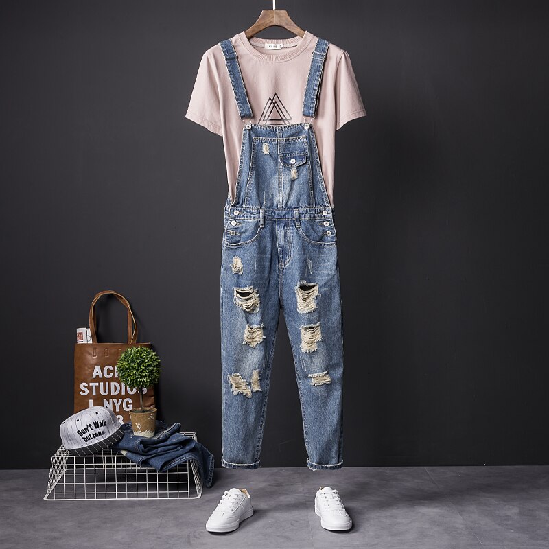 Heren Blauw Denim Bib Overalls Enkel Broek Slanke Casual Mode Pocket Jumpsuits Ripped Jeans Voor Man Plus Size s-3XL 4XL 5XL