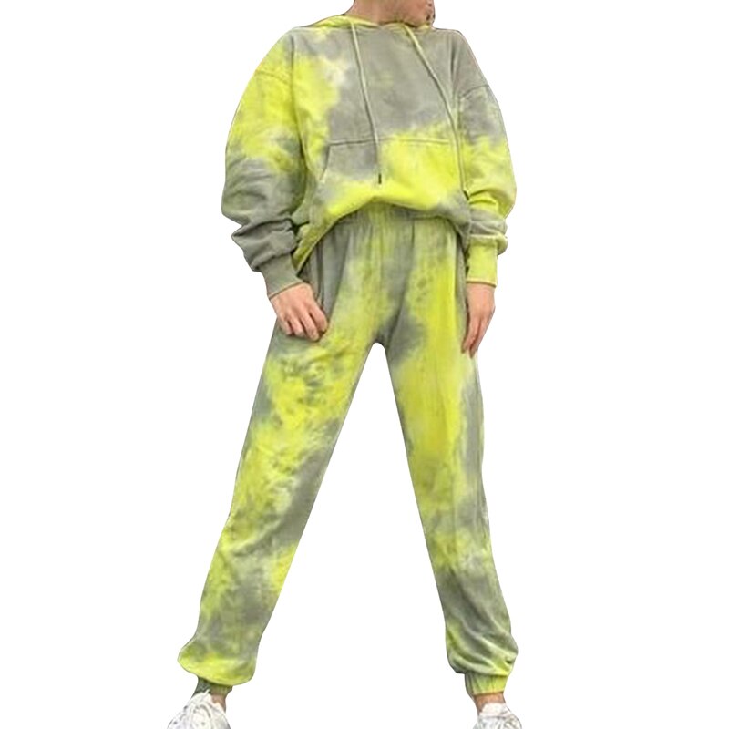 Women Tie Dye Tracksuit Two-piece Set Long Sleeve Top Elastic Waist Long Pants Women Running Sportswear: S / Yellow