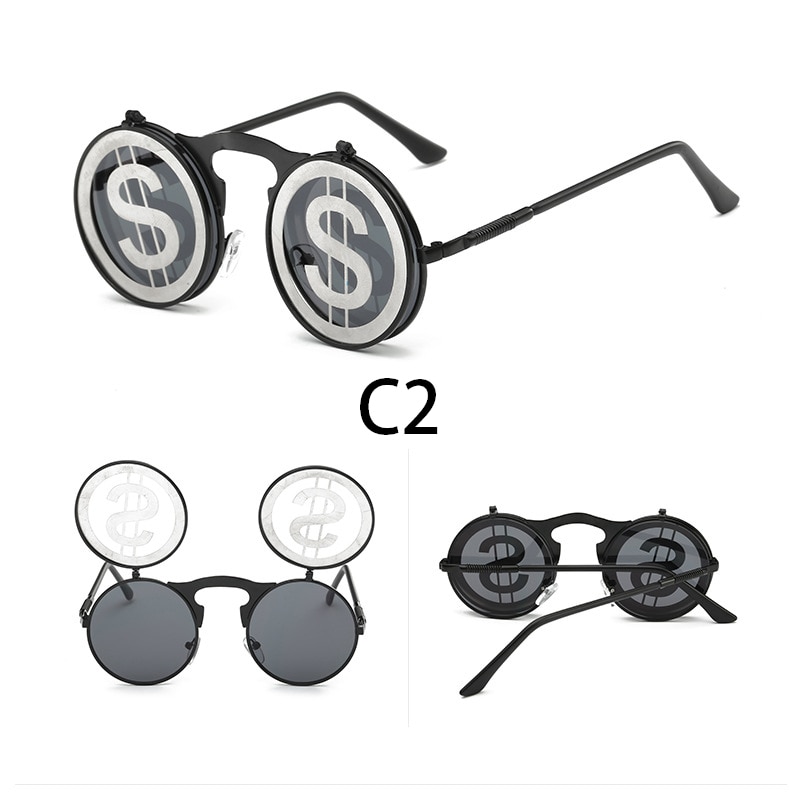 Steampunk Round Flip Up Sunglasses Unisex Retro 90s Rave Party Selfie Accessory 226-238