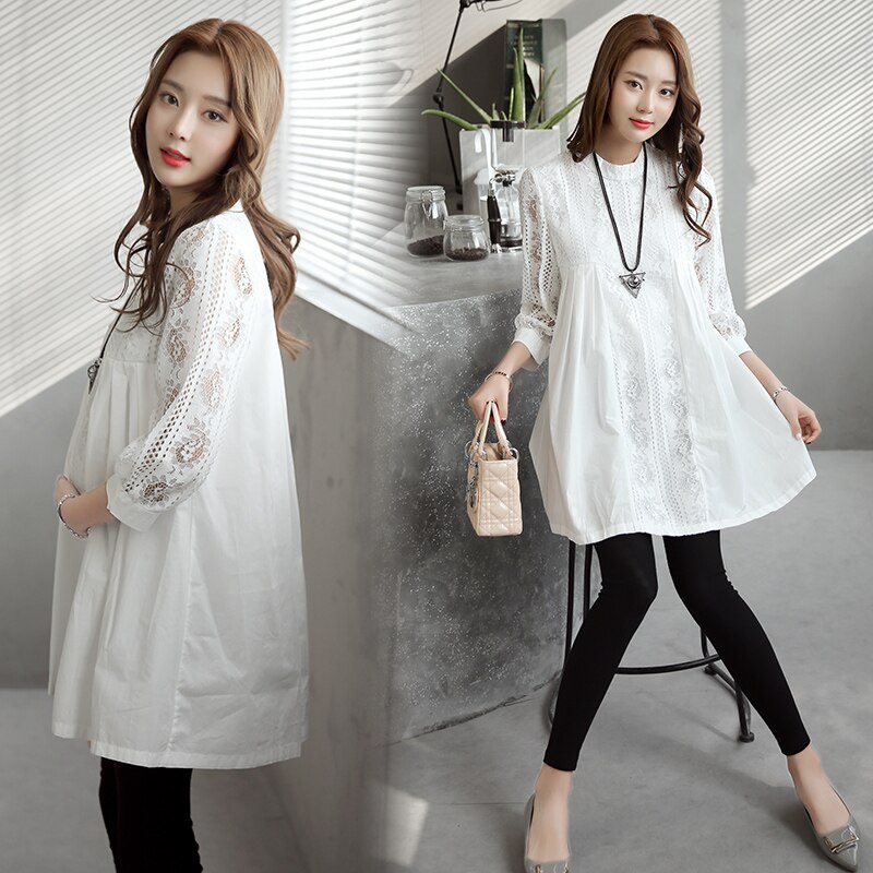 9015# Hollow Out Front Pleated White Lace Maternity Blouses Spring Summer Clothes for Pregnant Women Loose Pregnancy Tops