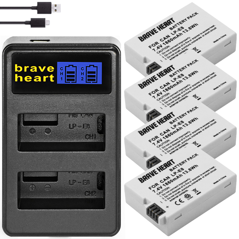 Batería para cámara Canon EOS 550D 600D 650D 700D Kiss X4 X5 X6i X7i Rebel T2i T3i T4i T5i, LP-E8 de 1860mah, 2 piezas: charger and 4battery