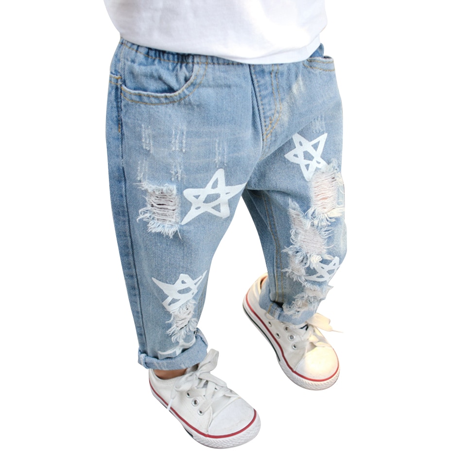 Baby Girl Ripped Jeans Star Pattern Girls Jeans Pants Hole Jeans Kids Casual Style Children's Jeans Clothes