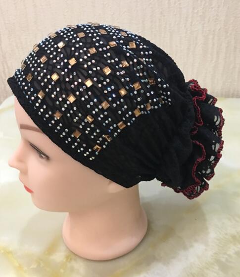 H021 chapeaux musulmans de avec strass, écharpe islamique avec fleur au dos, hijab: black