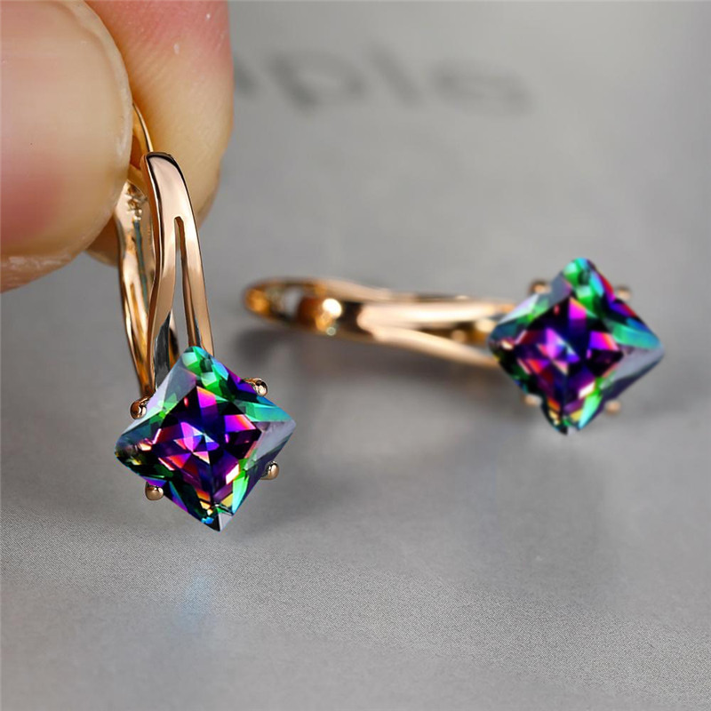 Brincos de casamento de cor de ouro rosa antigo arco-íris zircão quadrado brincos de pedra moda multicolorido cristal hoop brincos para mulher: Rainbow