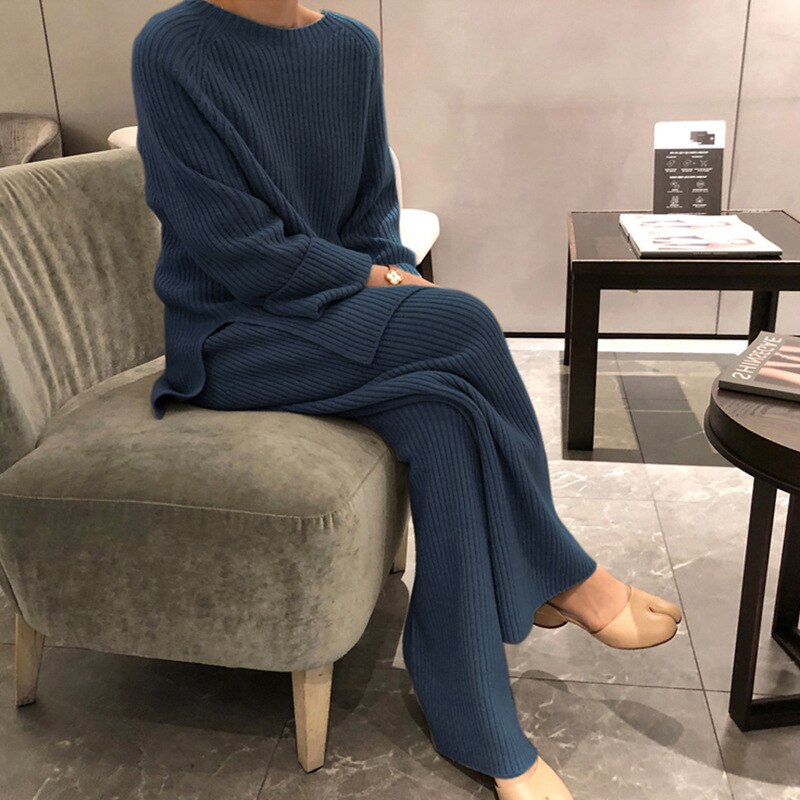 Sweater Suit Round Neck Side Slit Knitted Sweater All-match Drape Wide-leg Pants Trousers Two-piece Suit: 02