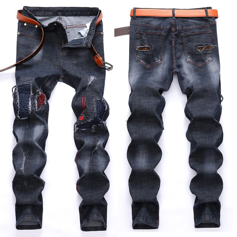 Pantalones vaqueros elásticos rasgados y rayados para hombre, Jeans de Moto y motorista de estilo, Jeans casuales de con contraste de Color, necesidades geniales para jóvenes;