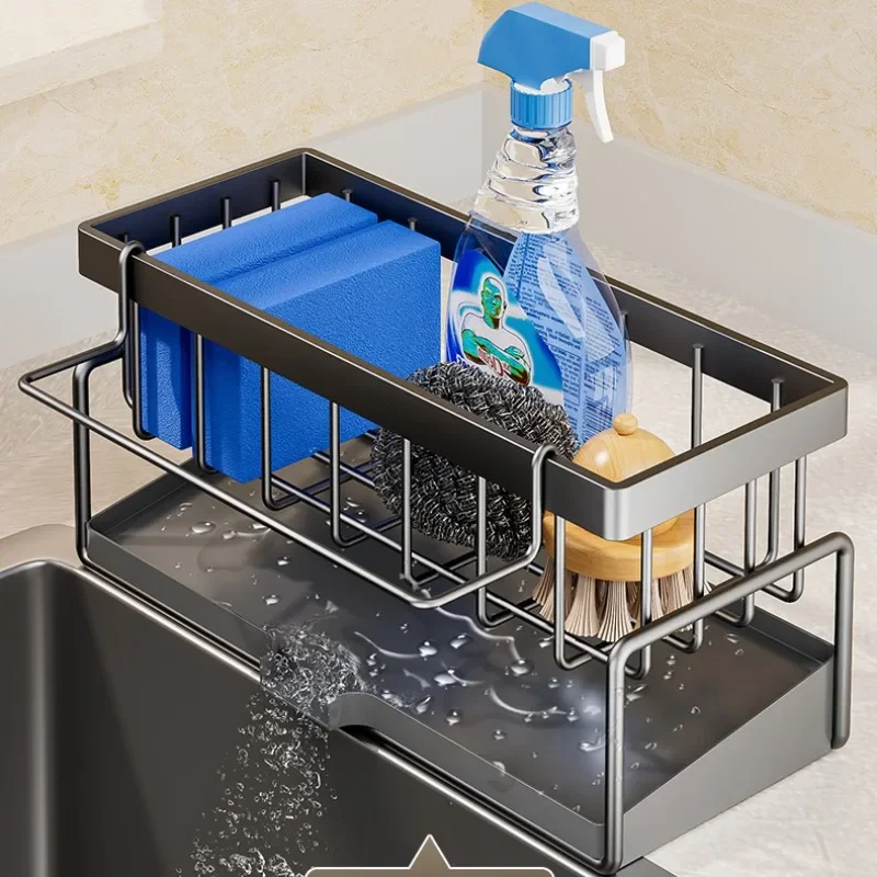 Kitchen Sink Drain Rack Organizer Carbon Steel Self-draining Sink Shelf Soap Sponge Holder Dishcloth Towel Rack Filter Basket