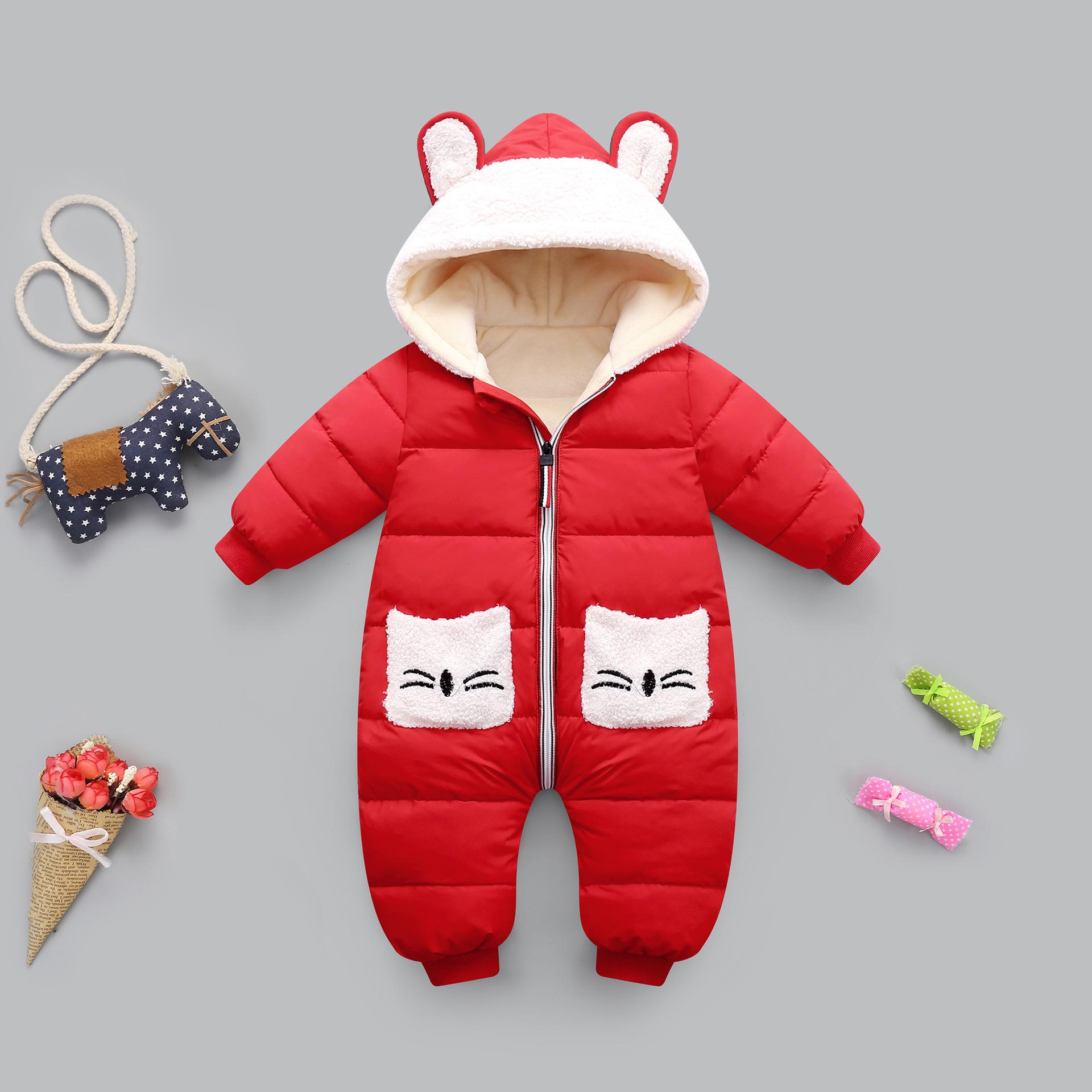 Printemps hiver -né bébé barboteuses salopette body vêtements combinaison avec oreille à capuche fille garçon coton Snowsuit infantile vêtements de neige: red / 18M