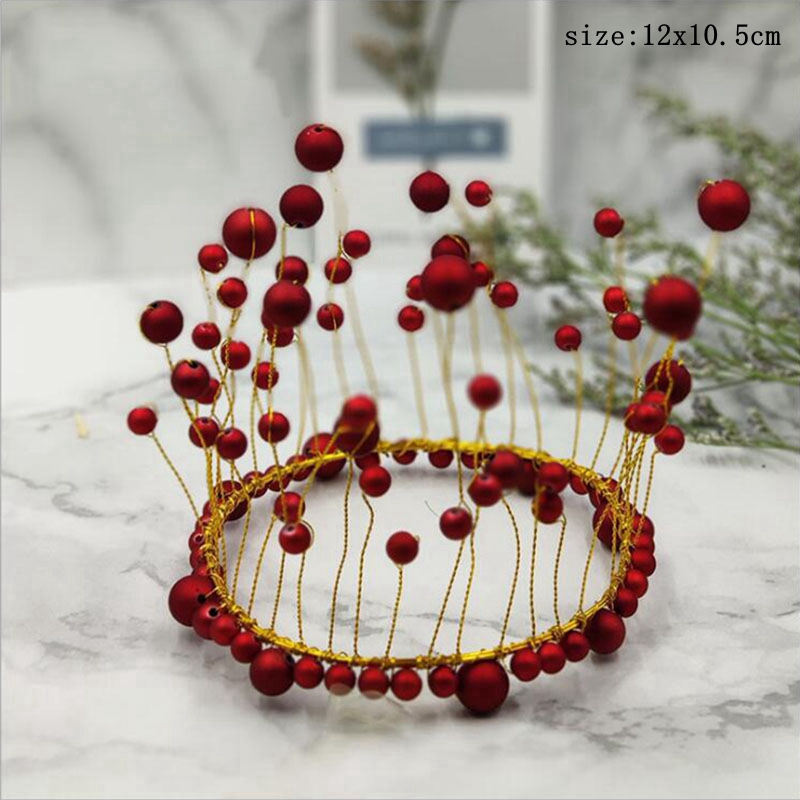 Metall pärla prinsessa crown cake topper konstgjorda pärlor huvudbonad bröllopstårta dekorera baby shower födelsedag topper handgjorda: 1pc röda