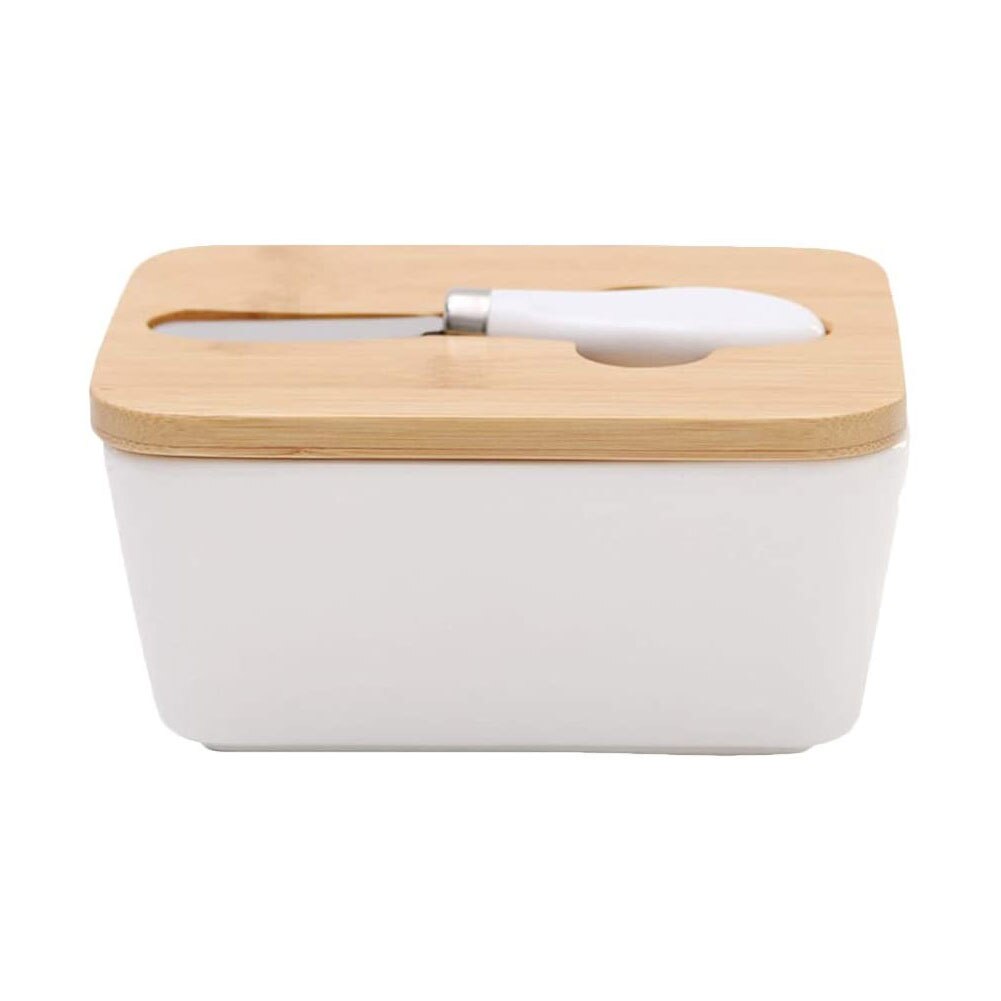 Ceramic Butter Container Set, Rectangle Butter Sealed Can + Wood Lid + Cutter + Silicone Loop(Pure White/Letter): Size S