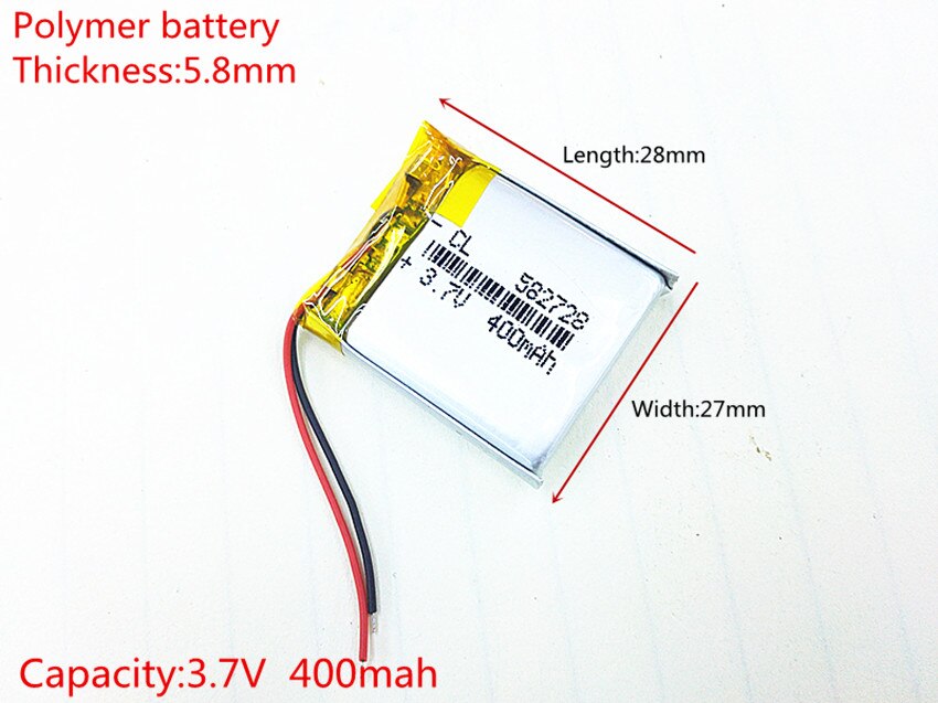 3.7V 400mAH 582728 PLIB polymer lithium ion / Li-ion battery for SMART WATCH,GPS mp3,mp4,cell phone,DVD,SPEAKER