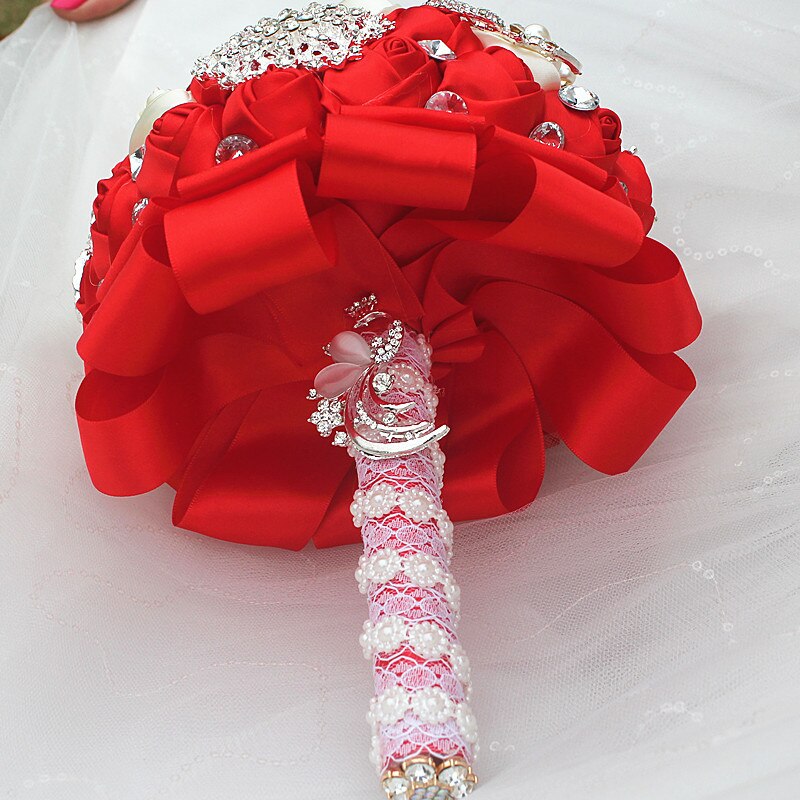 JaneVini Luxury Beaded Red Wedding Bouquets for Brides Satin Rose Mariage Crystal Brooches Rhinestones Pearls Bridal Bouquet