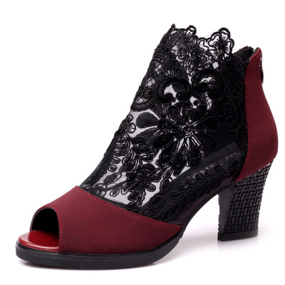 Sandales d'été pour femmes, chaussures sexy à talons en maille et bout ouvert, chaussures d'été et gaze, Europe et amérique, printemps et été,: wine red / 6.5