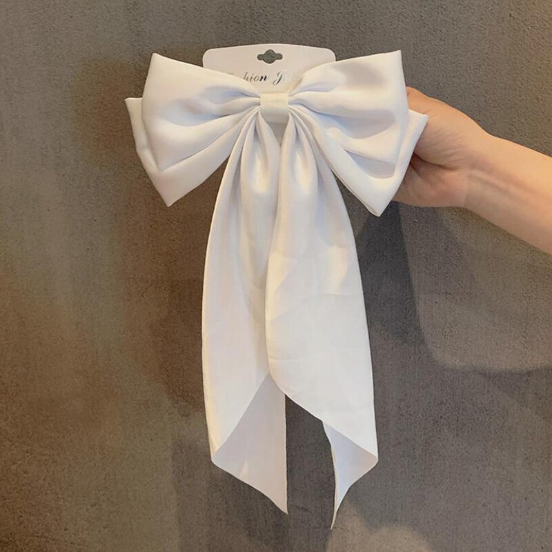 Vintage Zwarte Grote Grote Satijnen Strik Haar Clip Voor Vrouwen Meisjes Bruiloft Lange Lint Koreaanse Haarspelden Baret Haar Accessoires: WHITE