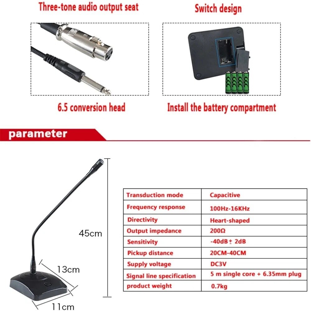 Wired Conference Microphone 360 Flexible Gooseneck Mic for Broadcasting Conference Instrument 6.5mm Audio Cable