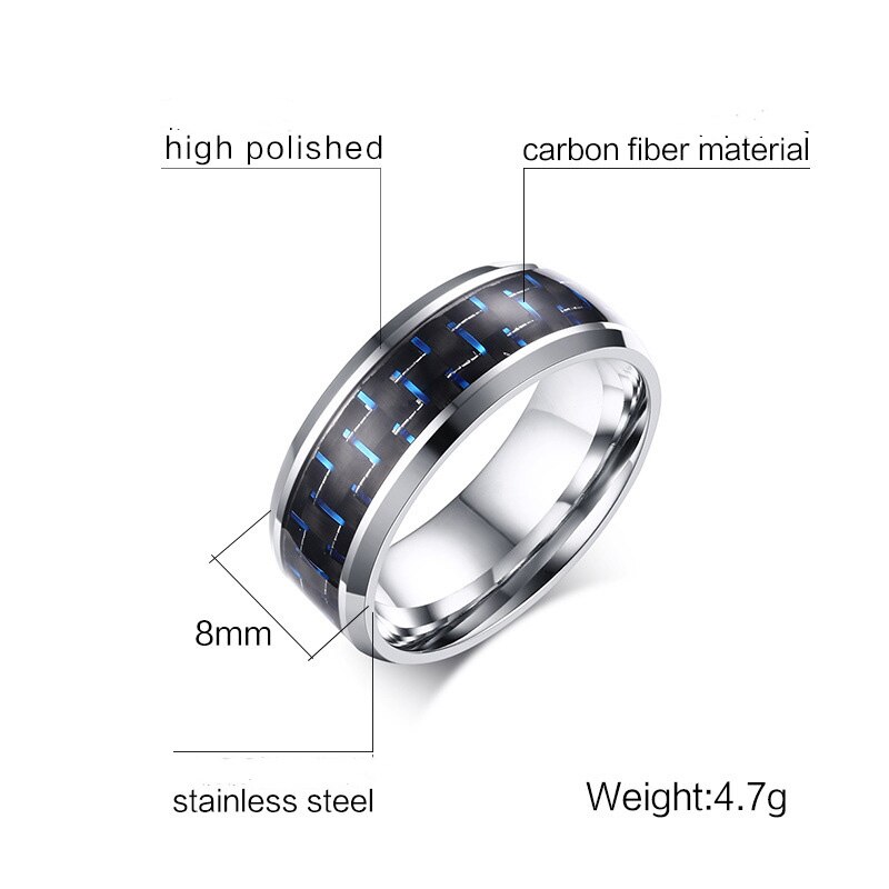 Titanium Steel Black Carbon Fiber Mens Cool Rings Blue Ring Anel Masculino Jewelry