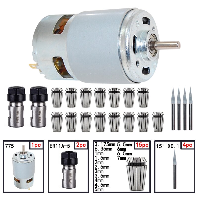 1Pc 775 Dc Motor 12-36V Kogellager Spindel Motor ER11 5Mm Verlengstuk Vleesmes cnc ER11 Spring Collet Chuck Motor Set: 11