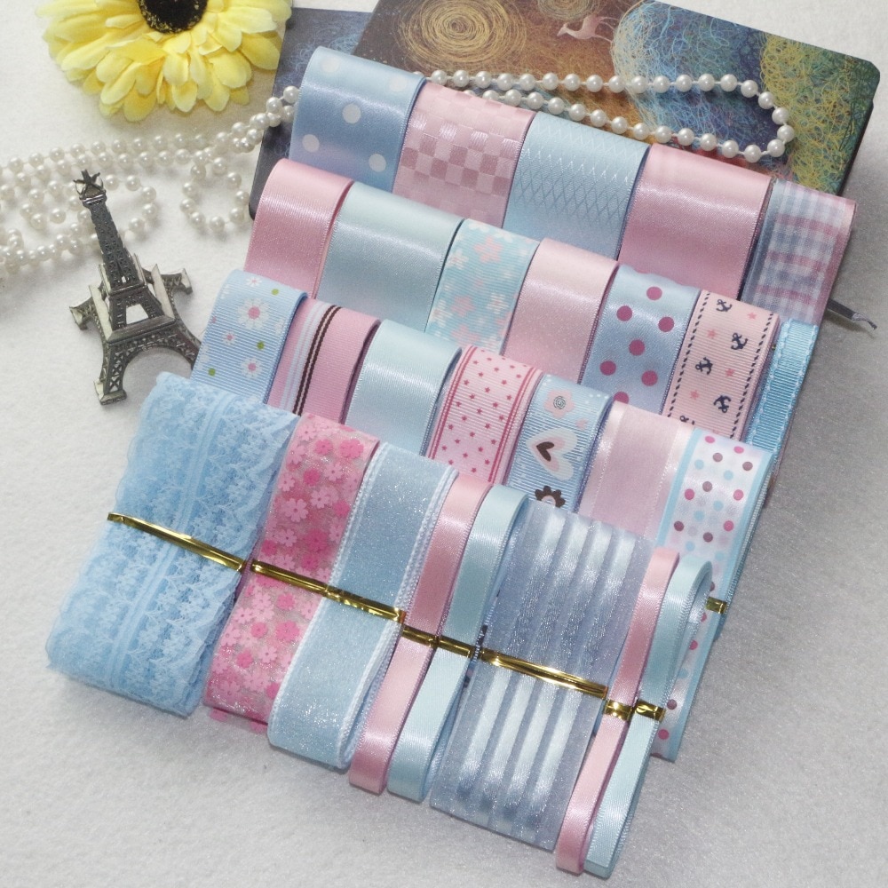 STYLE! DIY Ribbon Set---Pink & Light Blue Color Mix Ribbon Set ( total 31 yards)
