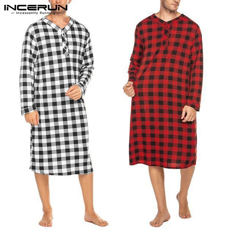 INCERUN nouveaux hommes sommeil Robes à manches longues col en V Plaid chemises de nuit homme bouton en vrac respirant vêtements de nuit casual longues peignoirs
