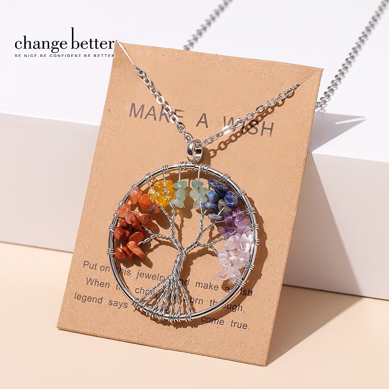 Verander Beter Goud Zilveren Kleur Ketting 7 Chakra Boom Van Het Leven Hanger Halsketting Vrouwen Mannen Roestvrij Staal HandmadeHealing Sieraden