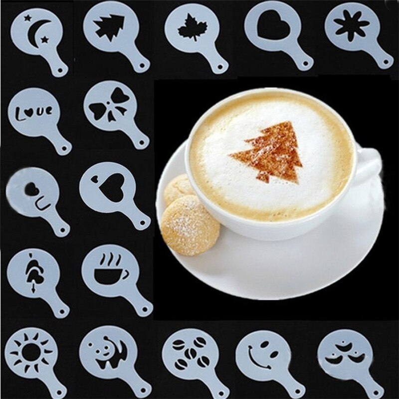 16 Pcs Koffie Cappuccino Art Stencils DIY Koffie Stencils Cake Stofdoek Sjablonen Koffie Gereedschap Bloemen Pad Duster Koffie Decor