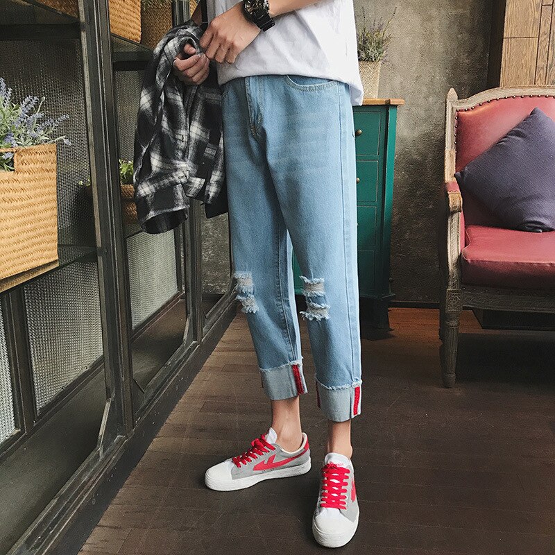 Ripped Hole Denim Cowboy Pants For Men Korean Slim Feet Male Jeans Beggar Youth Man Clothes Hip Hop Jeans