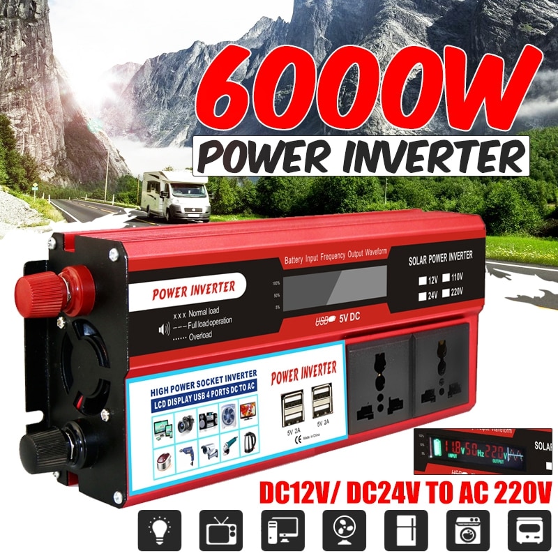 6000W 4 USB Solar Power Inverter DC12/24V to AC 220V Multi-socket Car Inverter Power Supply Car Adapter Charge Converter