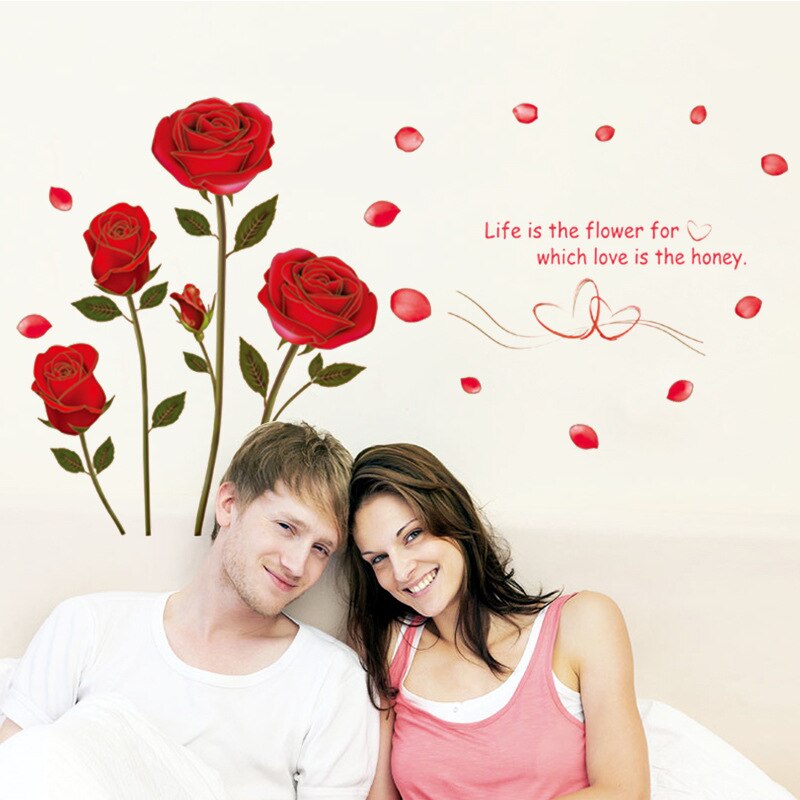 Autocollant Mural romantique rose rouge, pour chambre à coucher, salon, arrière-plan de canapé, décoration de la maison, stickers artistiques muraux à fleurs