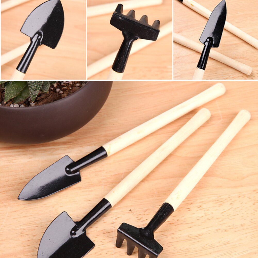 3pcs Mini Portable Gardening Tools Metal Head Shovel Rake Spade Plant Garden Soil Flowering Wooden Handle Tool Set