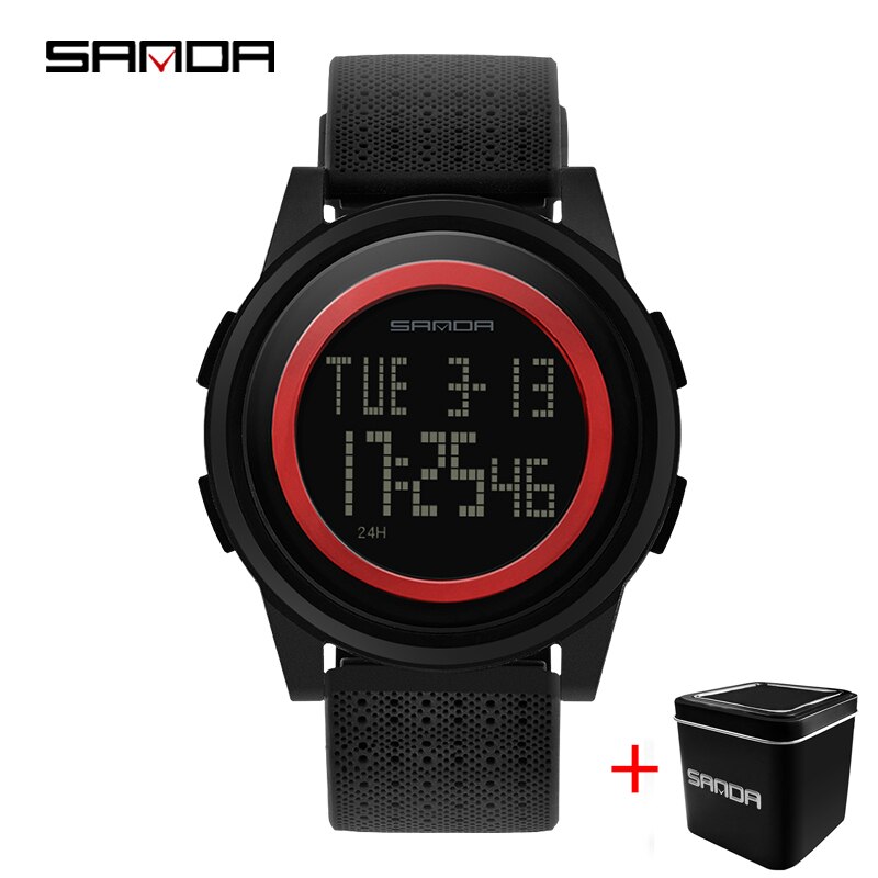 Sanda 2022 outdoor sport horloge heren multifunctioneel horloge wekker chrono 3 bar waterdicht digitaal horloge reloj hombre: Zwarte rode doos