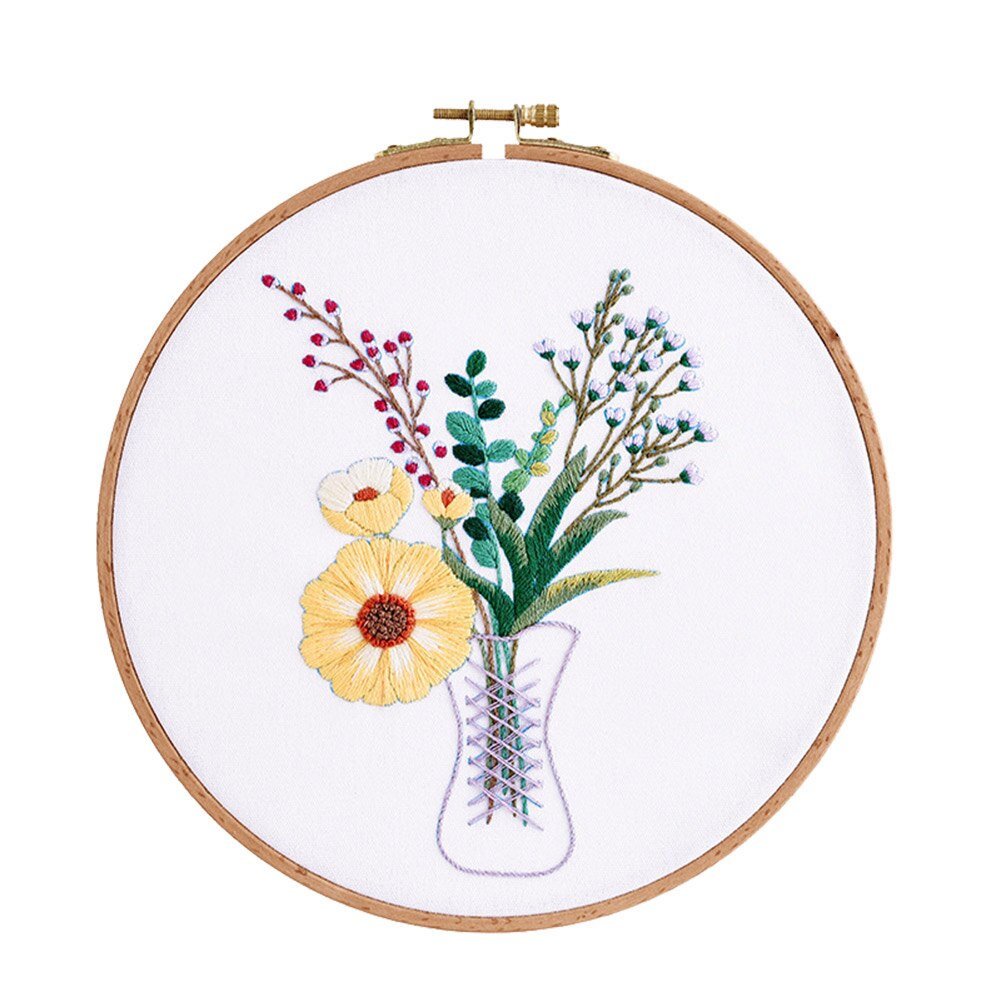 Stamped Linen Cloth Circle Embroidery Hand-stitched Cross Stitch Kits Flower Plant Print Art Crafts Needlework Sets: B-33x33cm