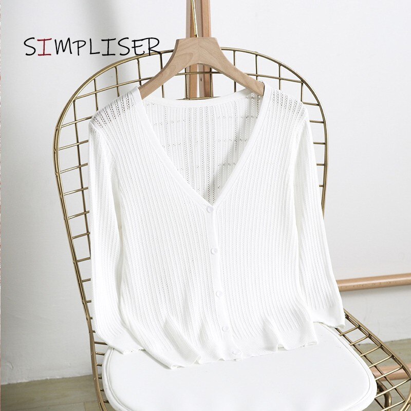 Ice Silk Thin Cardigans Women Summer Knitted V-neck Long Sleeve Sweaters Knit Sweater Women Cardigan Femme Black Pink