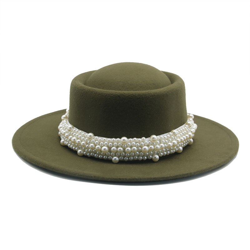 Vrouwen Hoeden Ronde Top Parel Band Formele Lente Mannen Vrouwen Vilten Hoeden Jazz Kerk Wedding Solid Klassieke Riem Zwarte Fedora hoeden