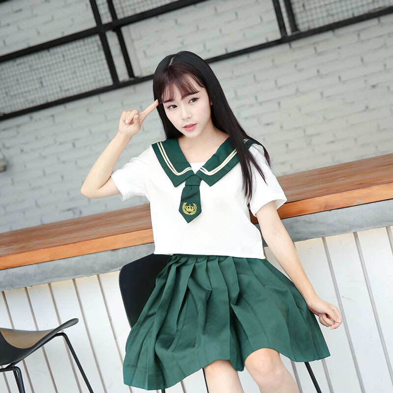 Uniforme de estudiante japonés Jk, traje de Sailor verde, Falda plisada de Cosplay universitario, traje de manga corta con lazo, S-XXL