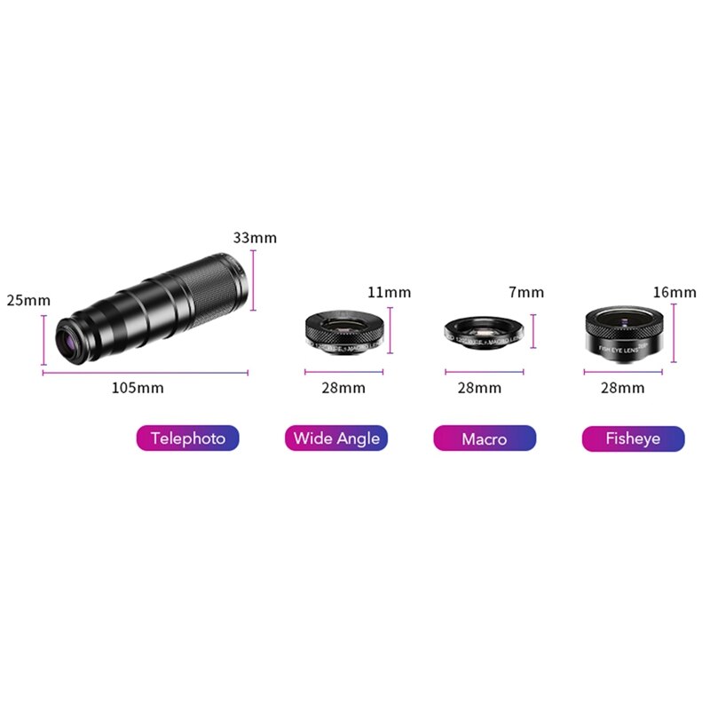 Apexel telefooncamera lens kit 4 in 1 telezoom 22x lens telescoop monoculair groothoek macro fisheye lens statief