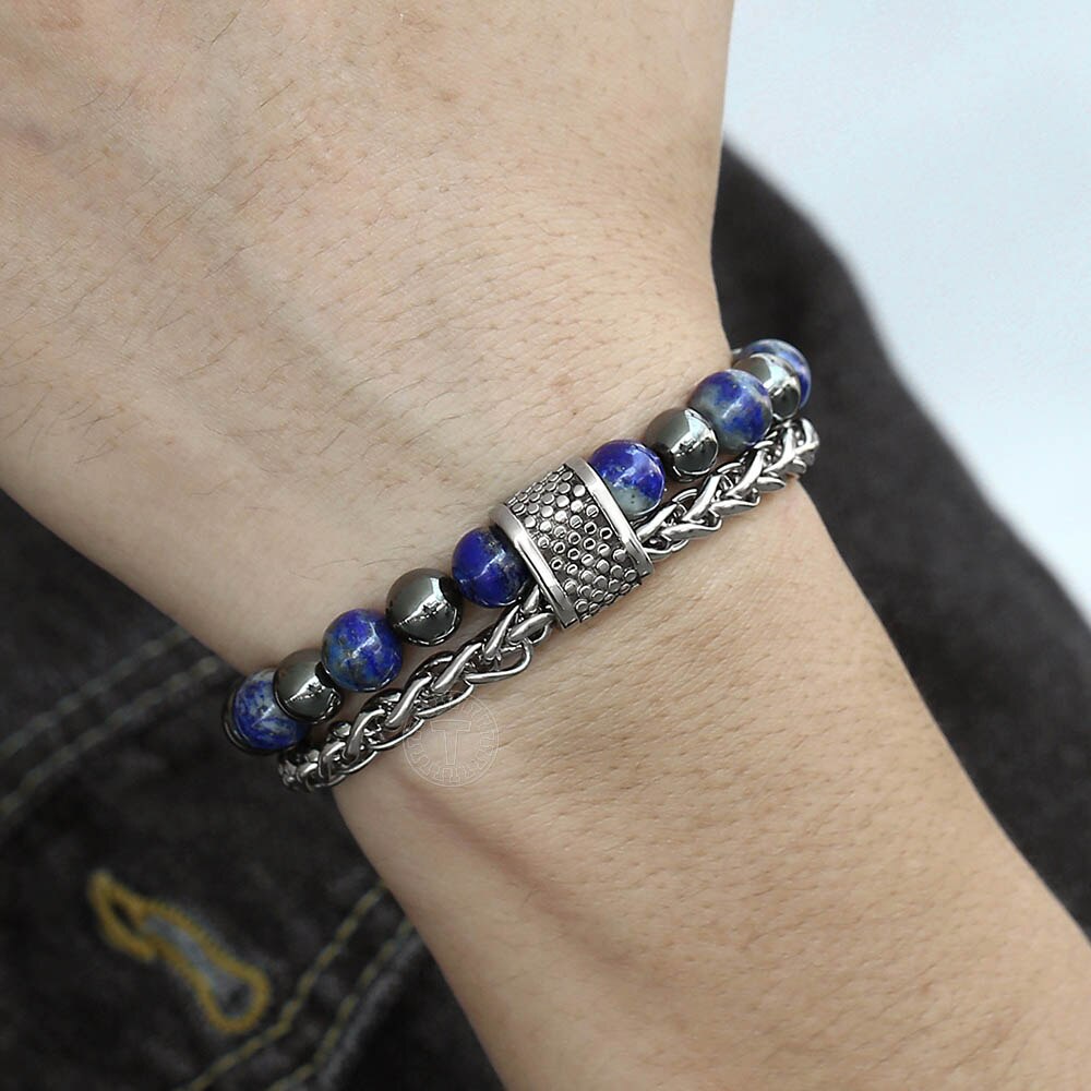 8 Mm Dubbele Lagen Steen Kralen Armband Voor Mannen Jongens Lapis Lazuli Hemitate Metalen Lava Steen Rvs Kabel Ketting TBX00109