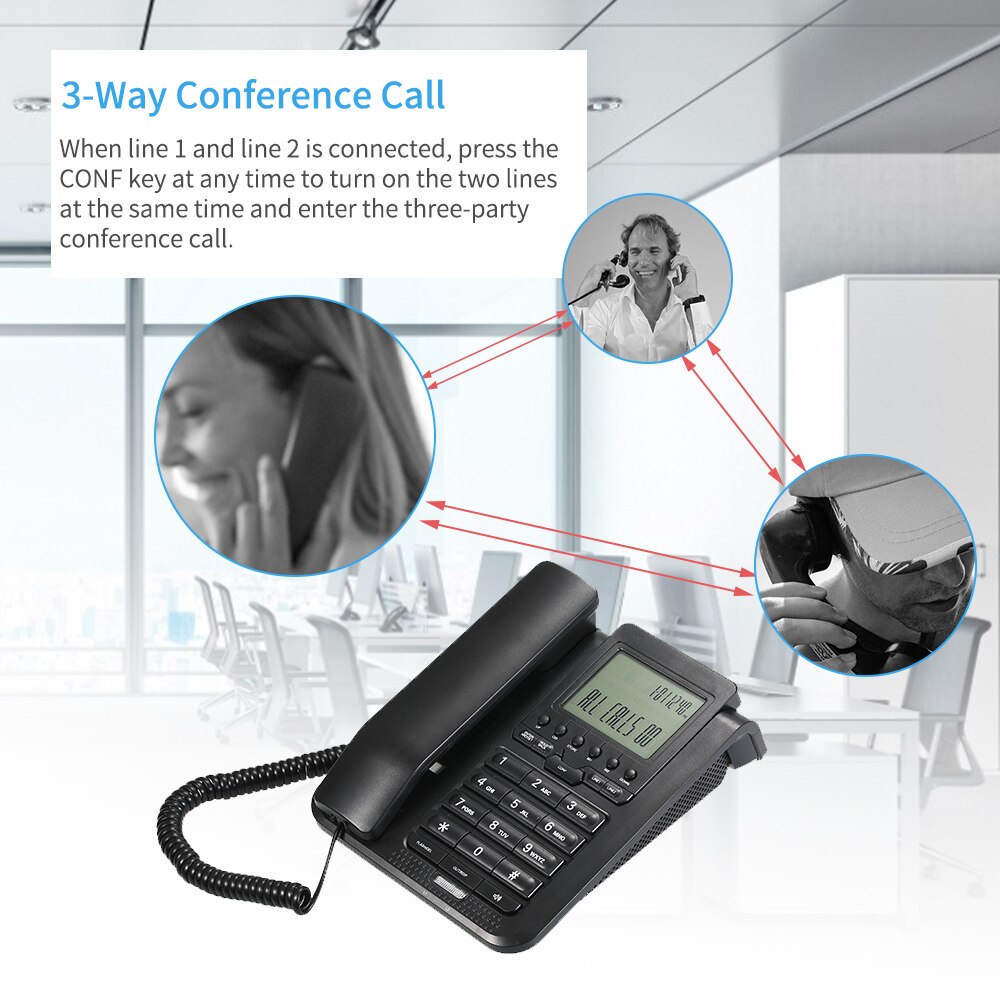 2-Line Digital Corded Telephone Desk Landline Phone with LCD Display Support 3-Way Conference Call/Redial/Auto-redial/Set Key