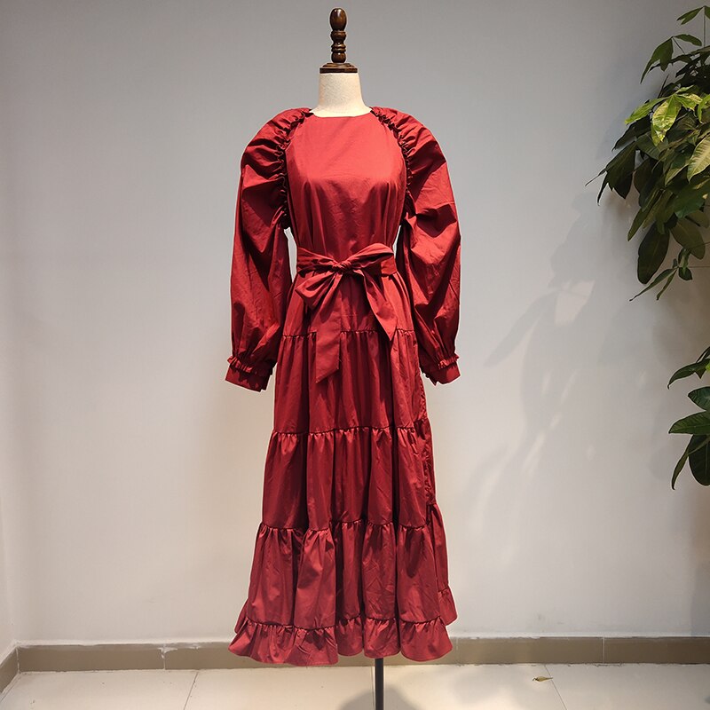 VGH Elegante Geraffte Kleid Für Frauen O Hals Laterne Hülse Hohe Taille Mit Schärpen Midi- Schwarz Kleider Weibliche Neue kleidung: rot / L