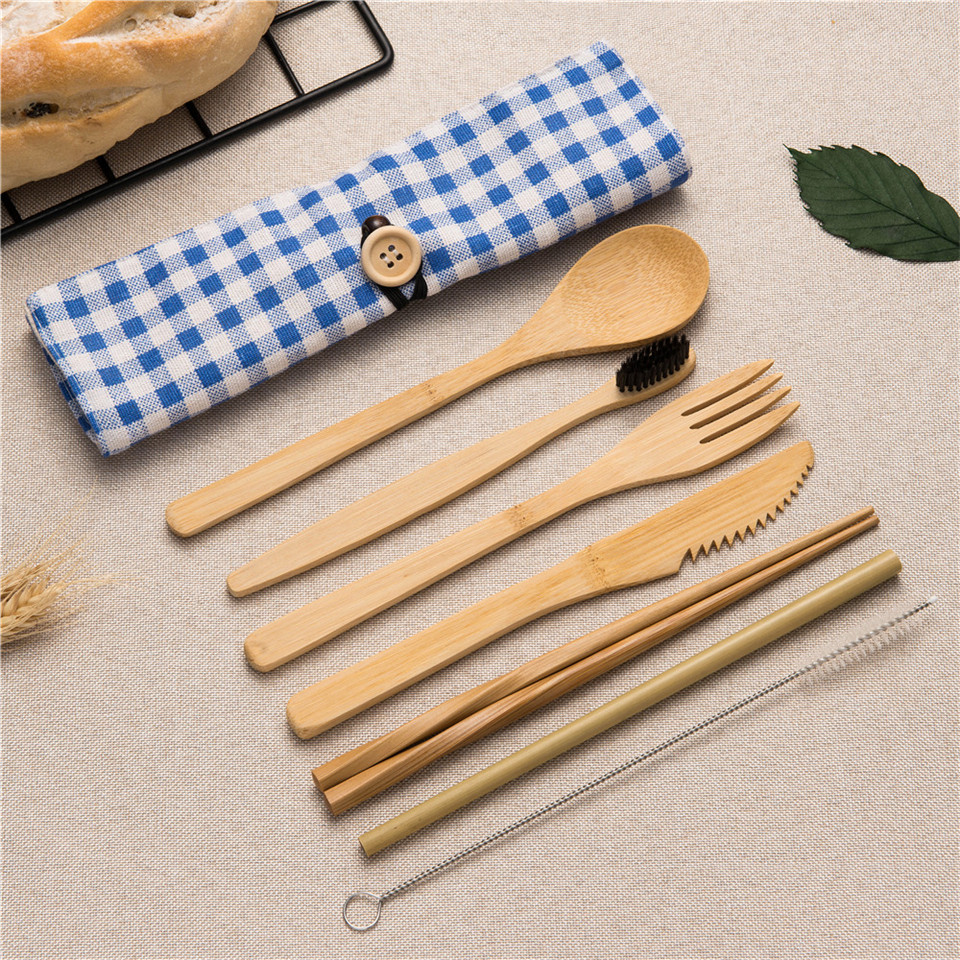 Hout Bestek Servies Vork Lepel Mes Tandenborstel Eetstokjes met Bestek Zak Draagbare Bestek Reizen Bestek Set