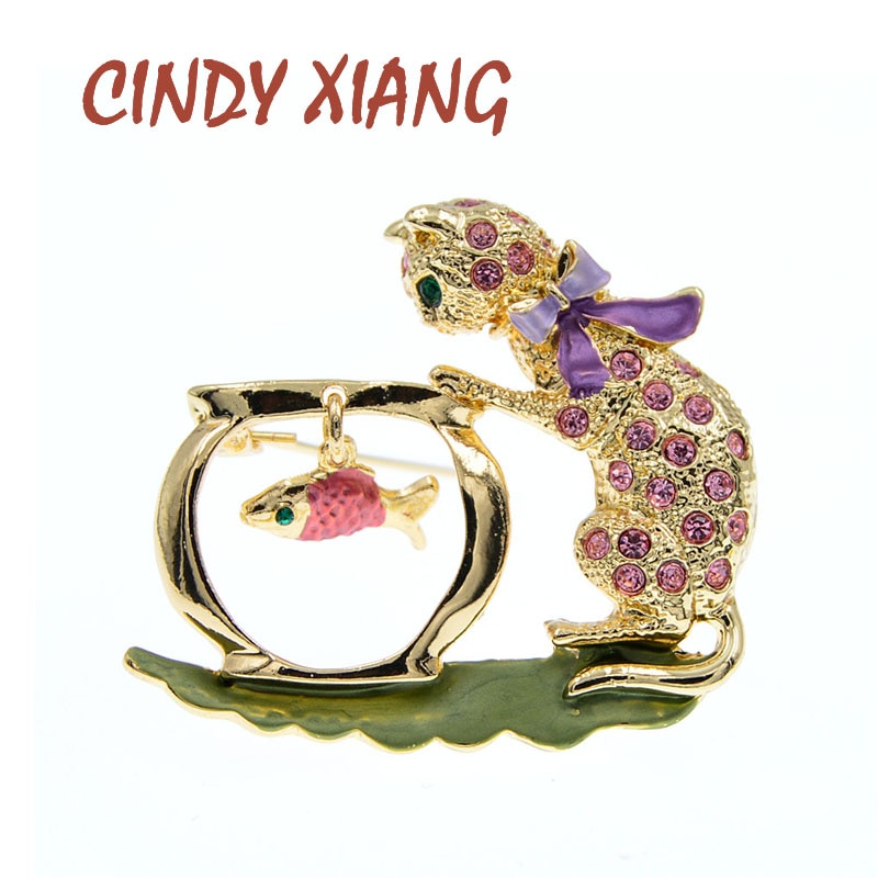 CINDY XIANG Cute Rhinestone Cat Brooch Kids Animal Pin Fish Jewelry Winter Accessories 2 Colors Available Kitty Ornament