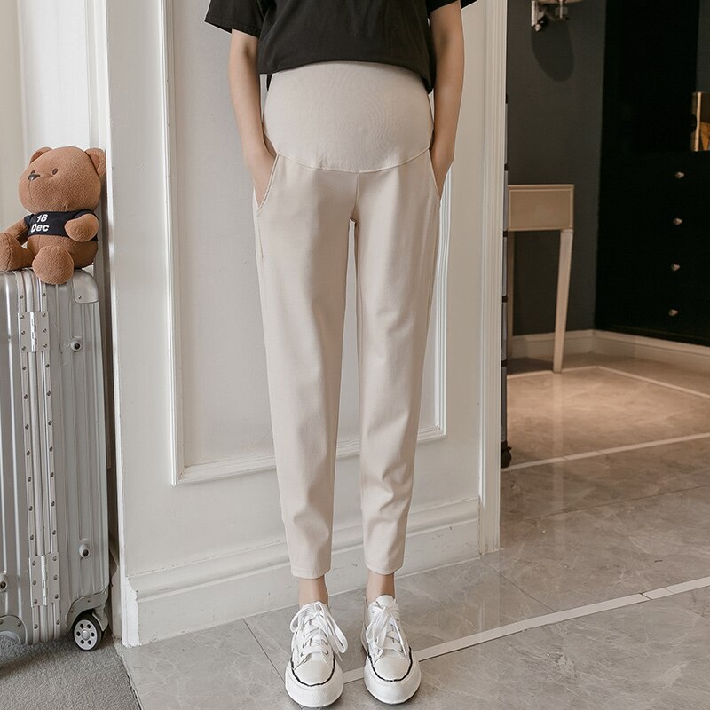 Sommar gravidbyxor för gravida kvinnor kläder haren byxor casual hög midja mjuka gravidbyxor gravidkläder: Beige / Xl