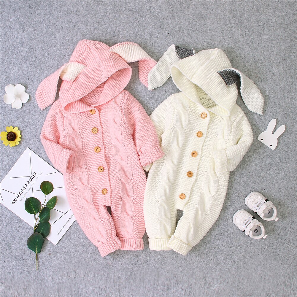 0-24M Herfst Winter Baby Kids Meisjes Jongens Rompertjes Knit Solid Lange Mouwen 3D Oren Hooded Jumpsuits Kleding
