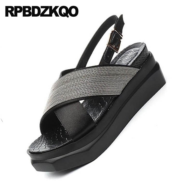 Women Wedge Platform Sandals Flatform Strap Black Summer High Heels Slingback Pumps Glitter Open Toe Korean Shoes Ladies