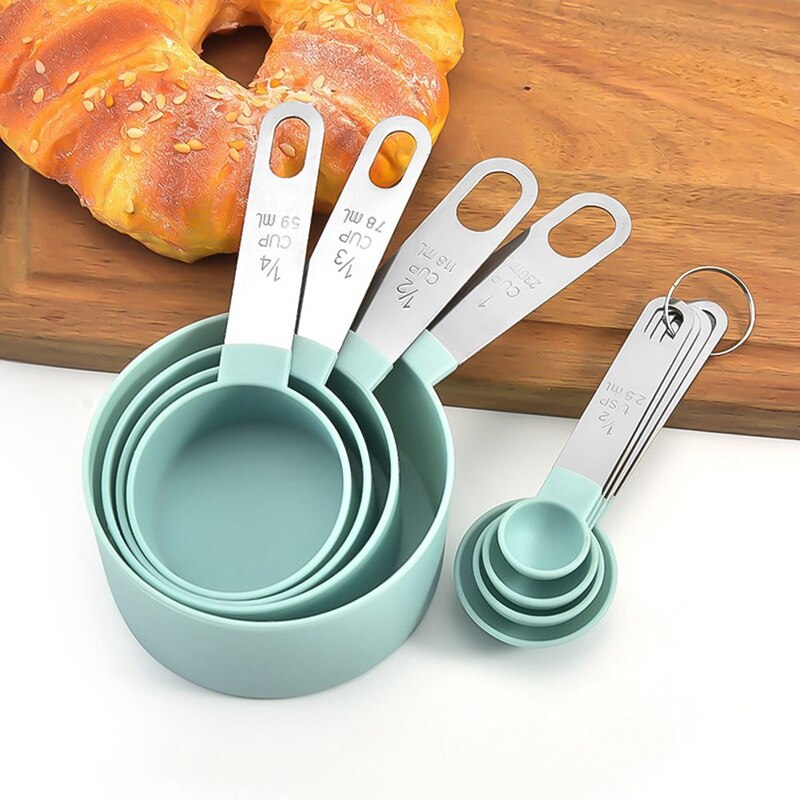 Juego de 4 cucharas y vasos medidores de cocina con mango de acero inoxidable, perfectas para herramientas para hornear fuentes de horno, utensilios de cocina