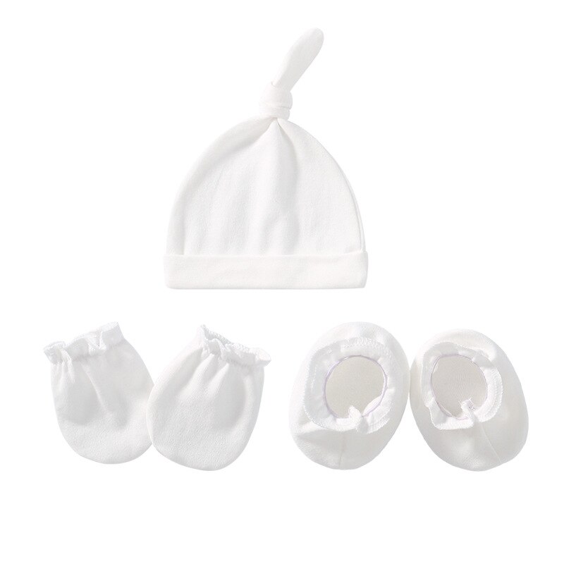 3pcs Set Baby Hats Newborn Gloves Baby Feet Cover Pure Cotton Pure Color Pure Cotton Set: WHITE