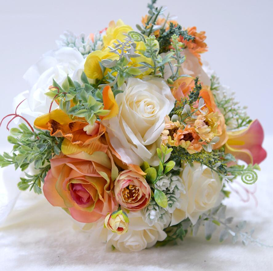 Zijde Rozen Bruidsboeket voor bruidsmeisjes Bruidsboeketten Wit Roze Kunstbloemen Mariage Levert Woondecoratie s163: Orange