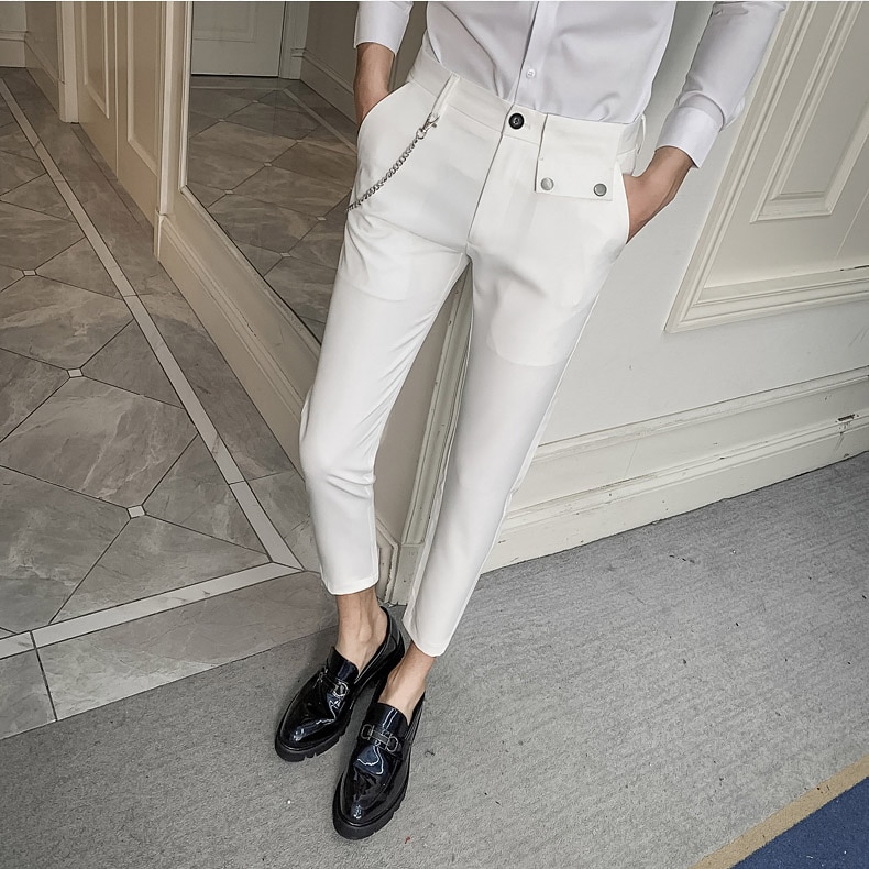 Byxor klänning matchar alla vita kontorsbyxor män slim fit streetwear ankellånga formella byxor hane