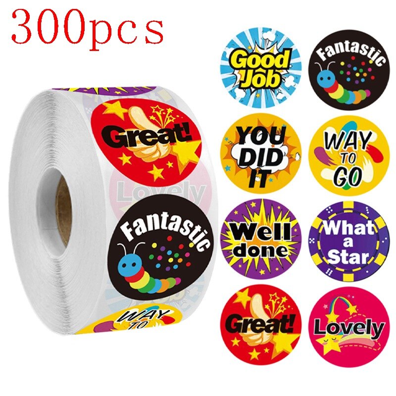 50-500pcs round GOOD JOB 8 designs rainbow star Scrapbooking accessories aesthetic stickers kawaii teacher child reward: HY2022-05-300pcs