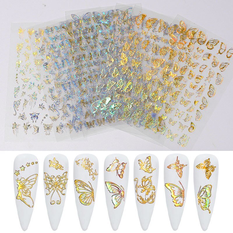 1Pcs 3D Vlinder Nail Art Stickers Zelfklevende Nail Decoraties Kleurrijke Diy Golden Nail Transfer Decals Folies Wraps