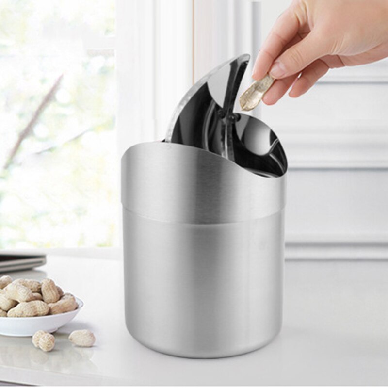 Minibasura pequeña de acero inoxidable con tapa abatible, bote de basura para escritorio, coche, oficina, cocina, K888